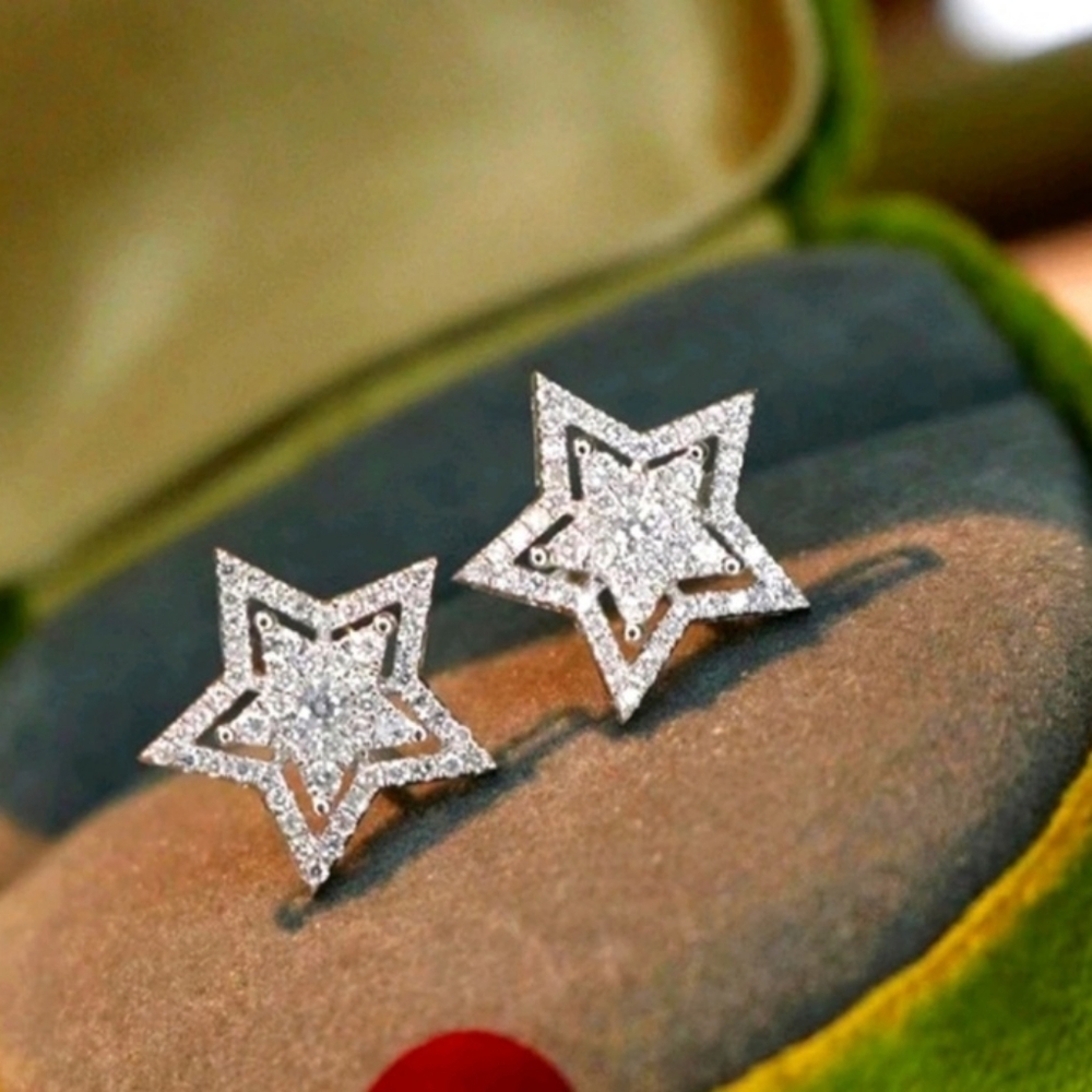 Diamond Star Burst Silver Stud Earrings - Picture 1 of 12